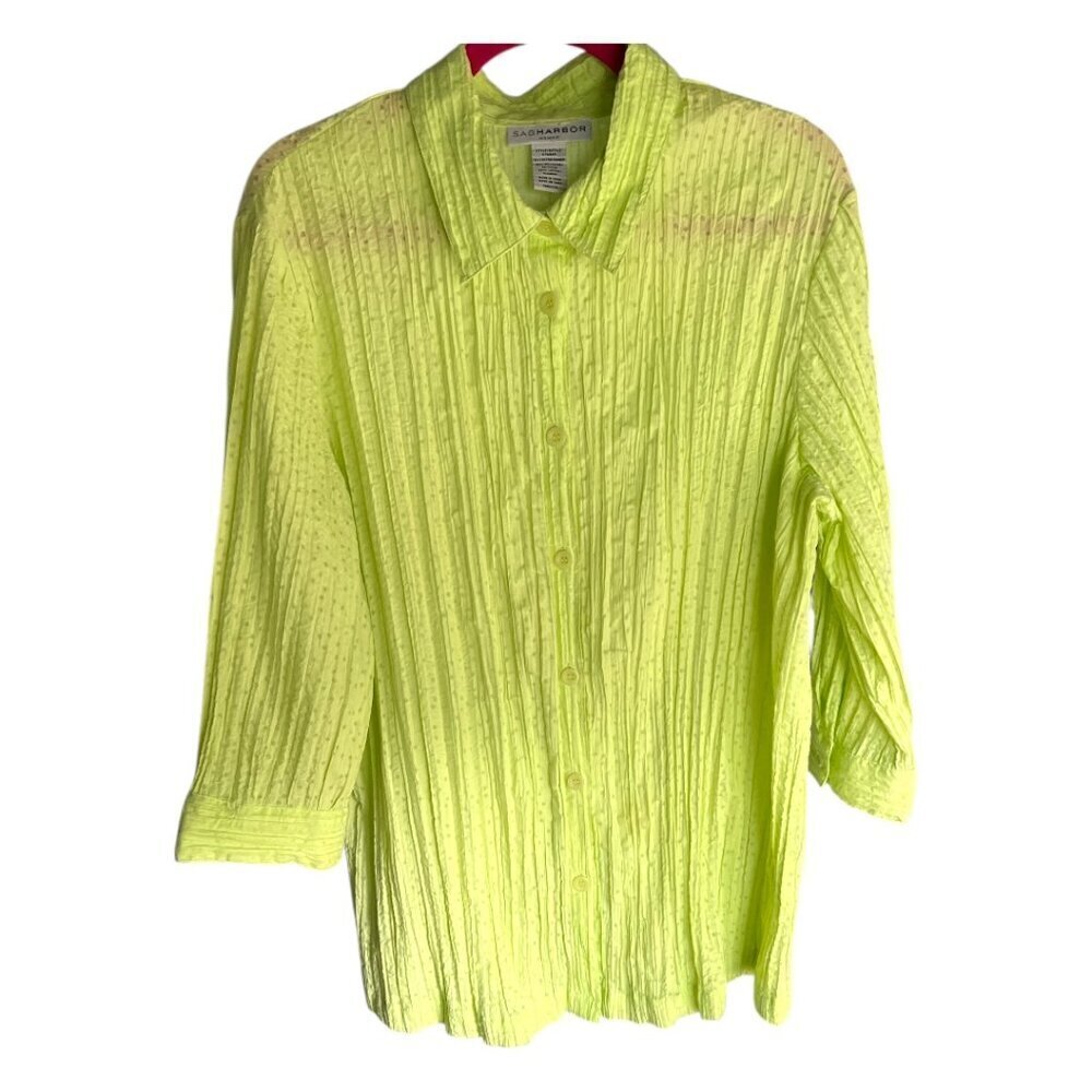 Sag Harbor Bright Lime Green Lightweight Embellished Button Down Shirt Size 1X